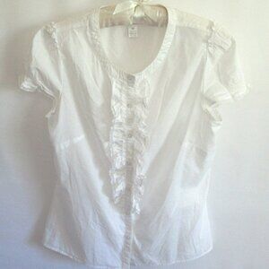 LOFT white lace ruffled scoop neck button front short sleeve blouse *Sz 10P*
